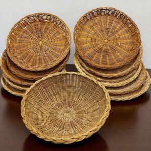 Lot 11 Vtg Wicker Rattan Paper Plate Holders  Wall Art Decor Boho 9.5" + Bowl